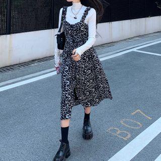 Long-sleeve Top / Leopard Print Slit Midi A-line Overall Dress