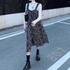 Long-sleeve Top / Leopard Print Slit Midi A-line Overall Dress