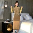 Set: Plain Long-sleeve T-shirt + Knit Vest + Midi Straight-fit Skirt