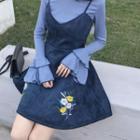 Set: Tiered Long-sleeve Top + Embroidered Spaghetti Strap A-line Dress