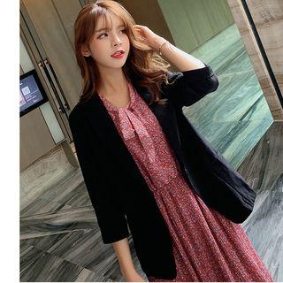 Plain 3/4-sleeve Blazer / Floral Midi Dress