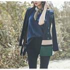 Set: Color Block Double-breasted Blazer + Straight Leg Dress Pants