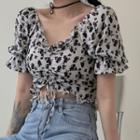 V-neck Puff Sleeve Printed Chiffon Cropped Top