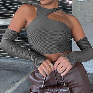 Set: Irregular Striped Cropped Tank Top + Arm Sleeves