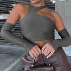 Set: Irregular Striped Cropped Tank Top + Arm Sleeves