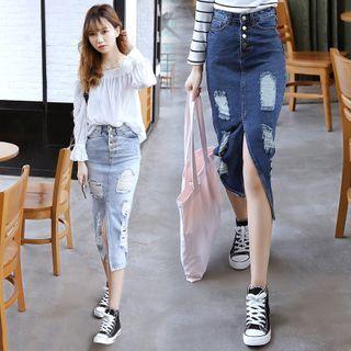 Midi Ripped Denim Pencil Skirt