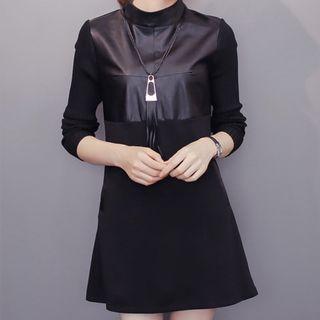 Faux-leather Panel A-line Dress