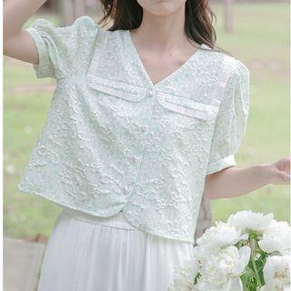 Puff-sleeve V-neck Blouse / Slit Dress Pants