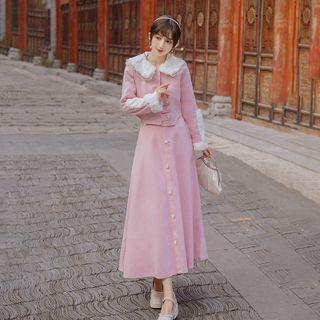 Set: Peter Pan Collar Button-up Cropped Jacket + Midi A-line Skirt
