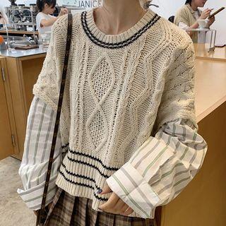 Mock Two-piece Stripe-sleeve Sweater