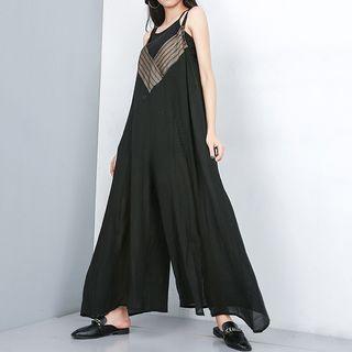 Spaghetti Strap Striped Panel Jumpsuit Black - One Size