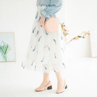 Feather Embroidered Mesh A-line Skirt