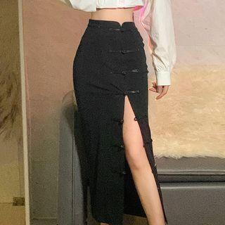 Frog Buttoned Midi Pencil Skirt