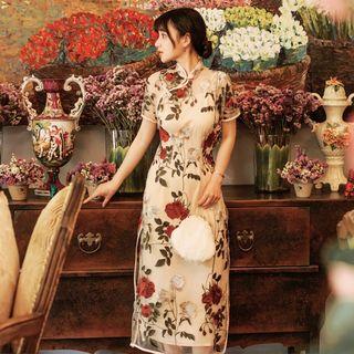 Short-sleeve Embroidered Mesh Midi Qipao