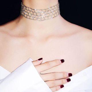 Rhinestone Layered Choker Silver - One Size