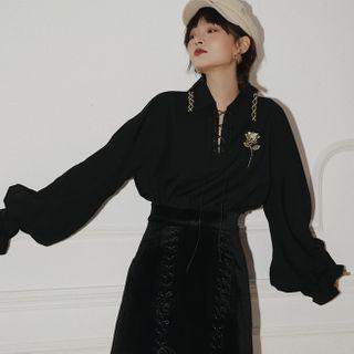 Flower Embroidered Lace-up Blouse