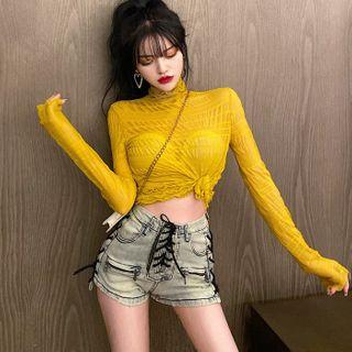 High Neck Long Sleeve Mesh Ruched Top