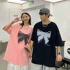 Couple Matching Elbow-sleeve Bow Print T-shirt
