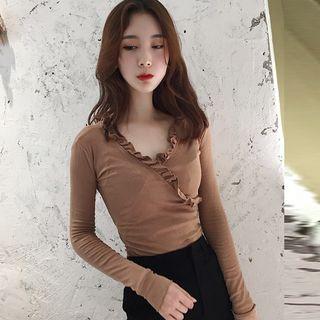 Frilled V-neck Long-sleeve T-shirt