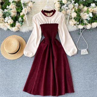 Round-neck Color Panel Puff-sleeve Dress