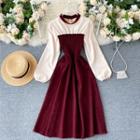 Round-neck Color Panel Puff-sleeve Dress