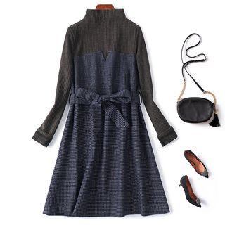 Mock Neck Long-sleeve Midi Striped A-line Dress