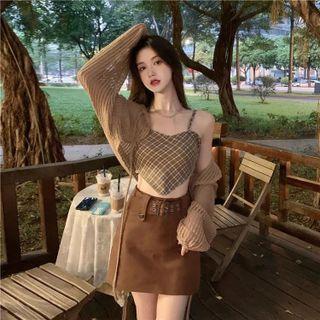 Plaid Camisole Top / Mini A-line Skirt / Cardigan / Set