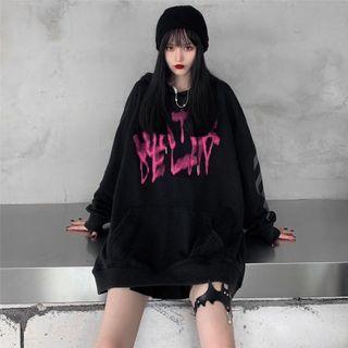Front Pocket Lettering Hooded Sweatshirt Black - One Size