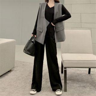 V-neck Asymmetric Vest / V-neck Long-sleeve T-shirt / Paneled Wide Leg Pants