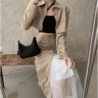 Cropped Shirt Jacket / Mesh Panel Midi A-line Skirt