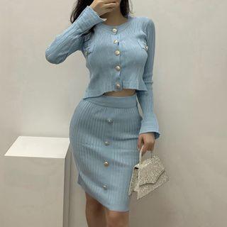 Plain Cropped Camisole Top / Cardigan / Mini Pencil Skirt / Set