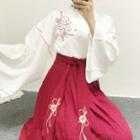 Set: Embroidered Long Sleeve Top + Pleated Midi Skirt