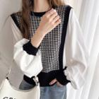 Lantern-sleeve Houndstooth Panel Knit Top