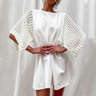 Elbow-sleeve Knit Panel Mini Dress
