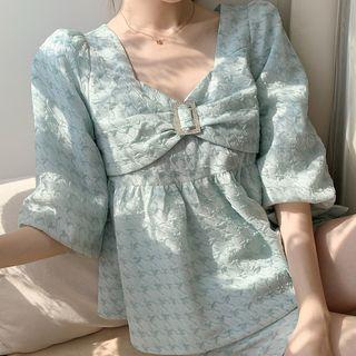 Set: Short-sleeve Bow Blouse + Shorts