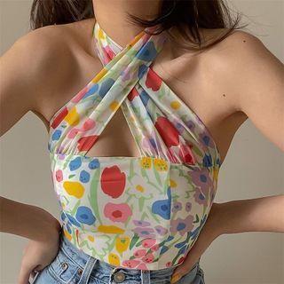 Halter-neck Floral Print Tank Top