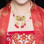 Retro Flower Pendant Faux Crystal Faux Pearl Necklace Gold - One Size
