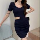 Short-sleeve Cut Out Sheath Dress Navy Blue - One Size