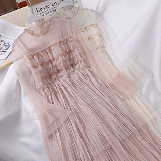 Set: Bell-sleeve Beaded Mesh Dress + Slipdress