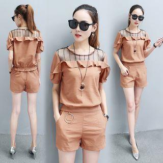 Set: Mesh Panel Ruffle Trim Short Sleeve Top + Shorts