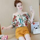 Set: Floral Print Off-shoulder Short-sleeve Blouse + Wide Leg Shorts