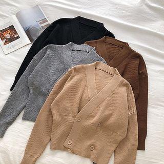 Plain Double-breasted V-neck Long-sleeve Cardigan