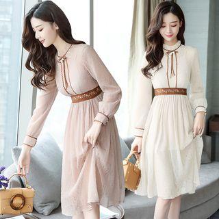 Set: Plain Slipdress + Mock-neck Long-sleeve Lace Dress