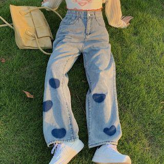 Heart Print Washed Loose Fit Jeans