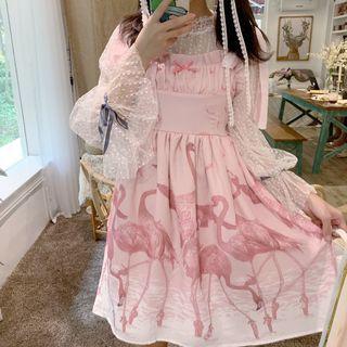 Flamingo Print Jumper Dress / Lace Blouse