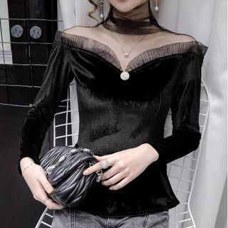 Long-sleeve Turtleneck Mesh Panel Velvet Top