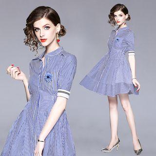 Elbow-sleeve Striped A-line Mini Shirt Dress