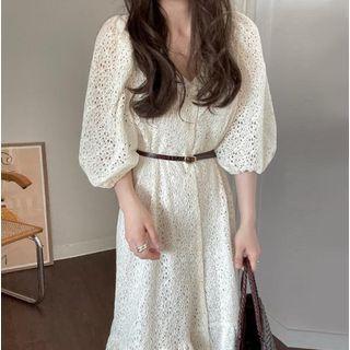 V Neck Cut Out Puff Short Sleeve Ruffle Dress With Belt