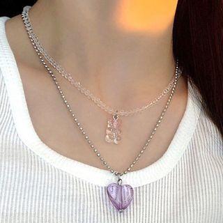 Bear Heart Acrylic Pendant Layered Stainless Steel Necklace Purple Heart - Silver - One Size