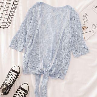 Elbow-sleeve Lace Up Crochet Knit Cardigan